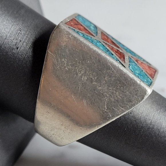 Mens Vintage Estate Sterling Silver Turquoise Coral Ring 20.8g E6931 - Picture 2 of 5